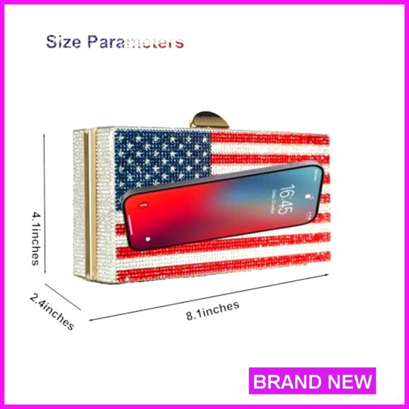 Rhinestone Evening Clutch Bag Crossbody Strap Patriotic Formal Event Wear